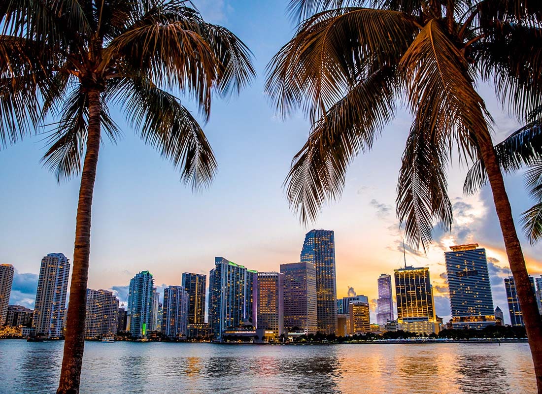 Miami, FL - Scenic View of Modern Skyscrapers Across the Water with Palm Treesin Downtown Miami Florida